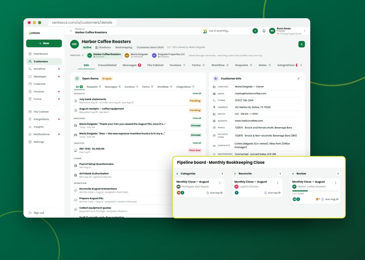 The Zentavos CRM customer record with a pipeline board of monthly bookkeeping projects