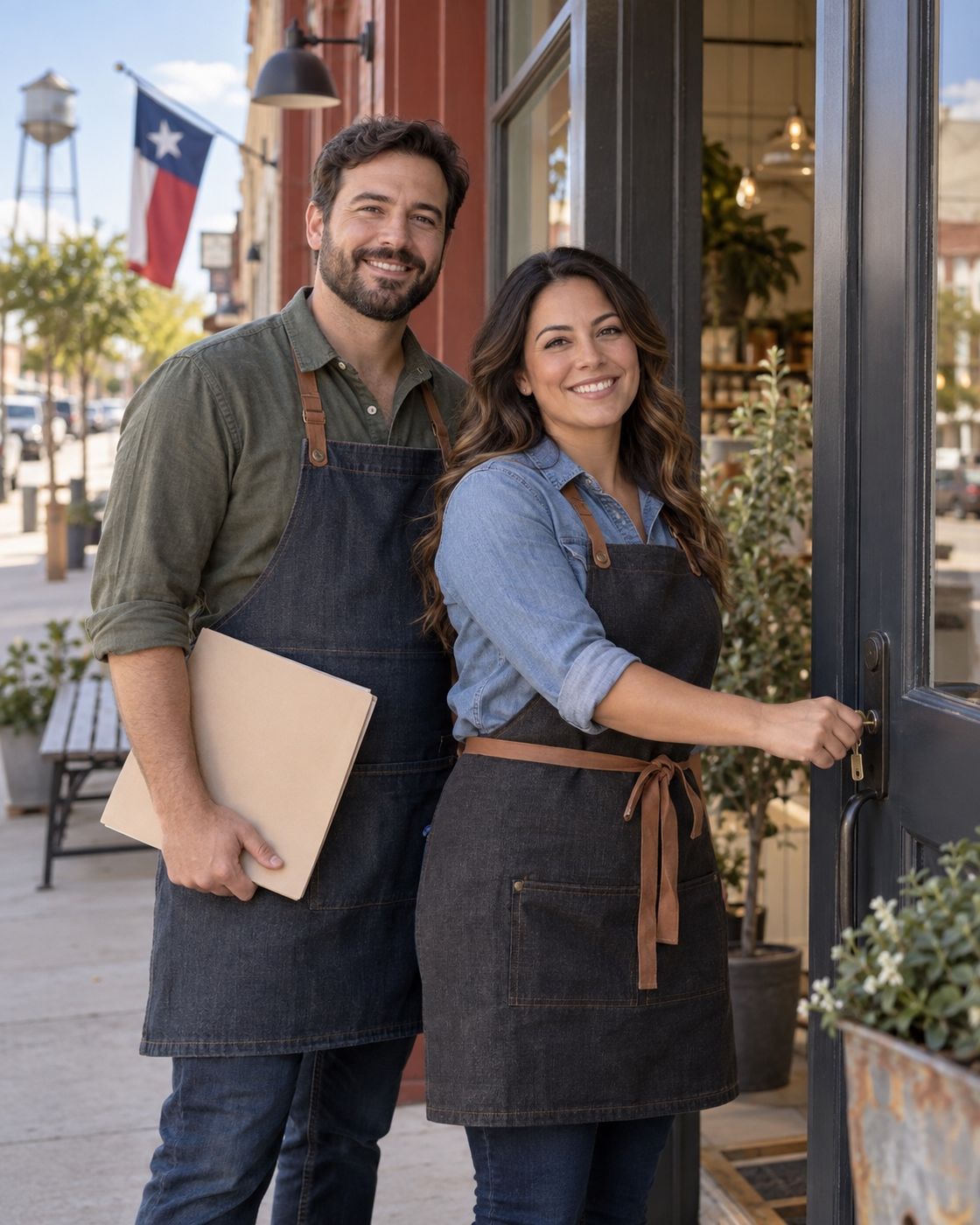 Two business owners smiling as they open the door to a Texas storefront.